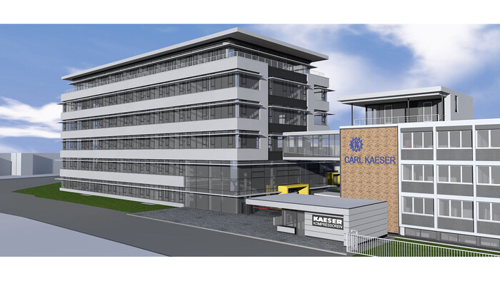 Vista laterale dell'animazione computerizzata del nuovo edificio amministrativo della Kaeser Kompressoren